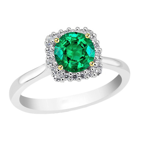 Colombian Emerald Round Cut Gemstone Ring in 14 Karat Two Tone Gold – main view