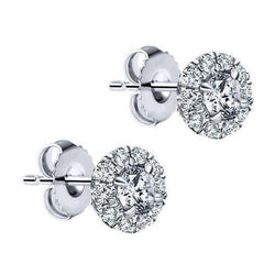 Sparkling Halo Round Real Diamond Stud Earrings 2.0 Carat White Gold 14K