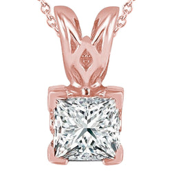 Sparkling Princess Cut Real Natural Earth Mined Diamond Necklace Pendant 2 Carats Rose Gold 14K