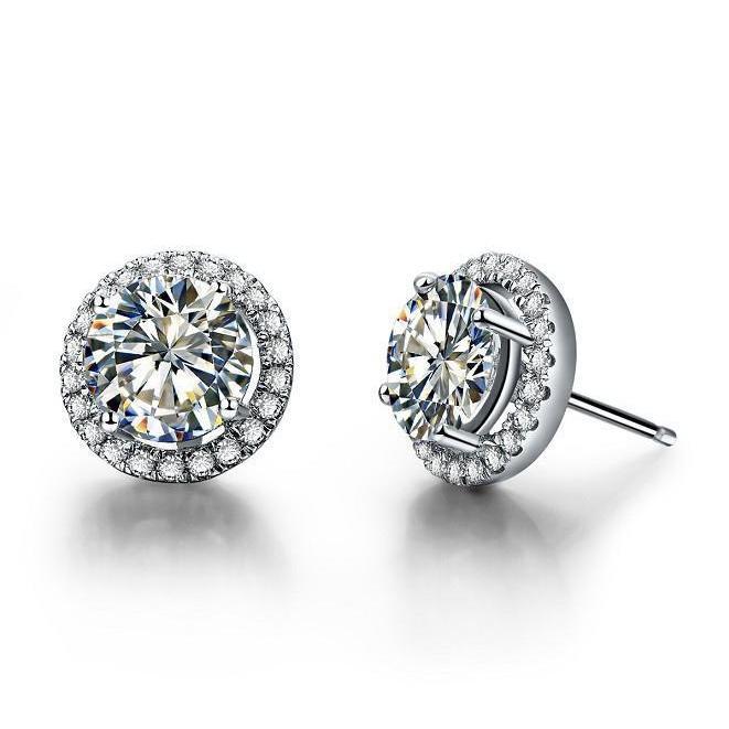 Sparkling Round 2.44 Carats Real Diamond Stud Halo Earrings White Gold 14K