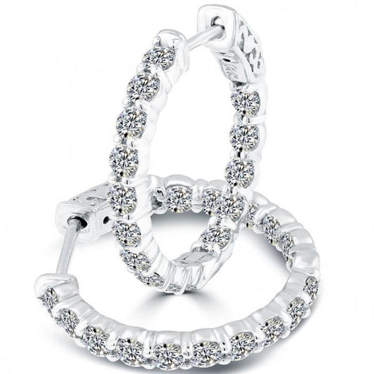 Sparkling Round Cut 3 Ct Real Diamonds Ladies Hoop Earring White Gold 14K