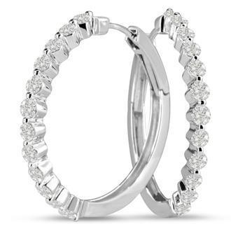 Sparkling Round Cut Real Diamond Hoop Ear Ring White Gold 14K 2 Carats