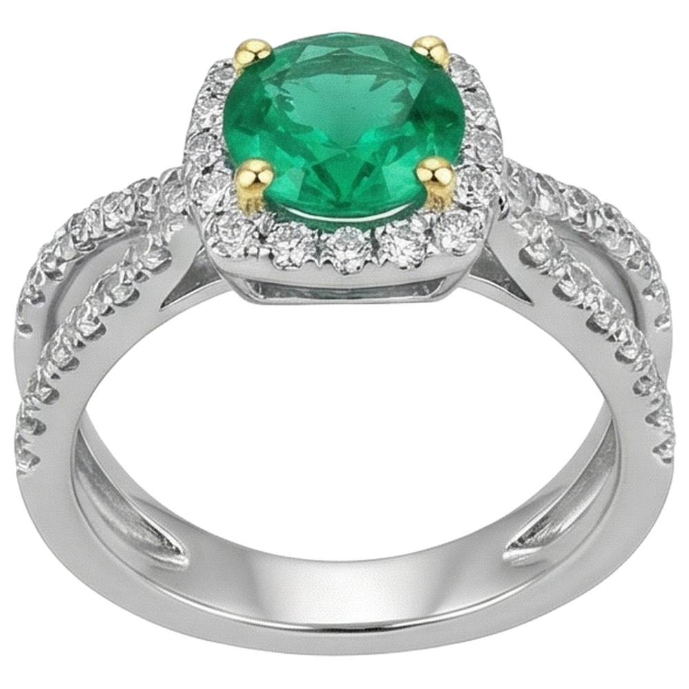 Colombian Emerald Precious Stone Ring 2-ct Two-Tone 14K Gold – front view