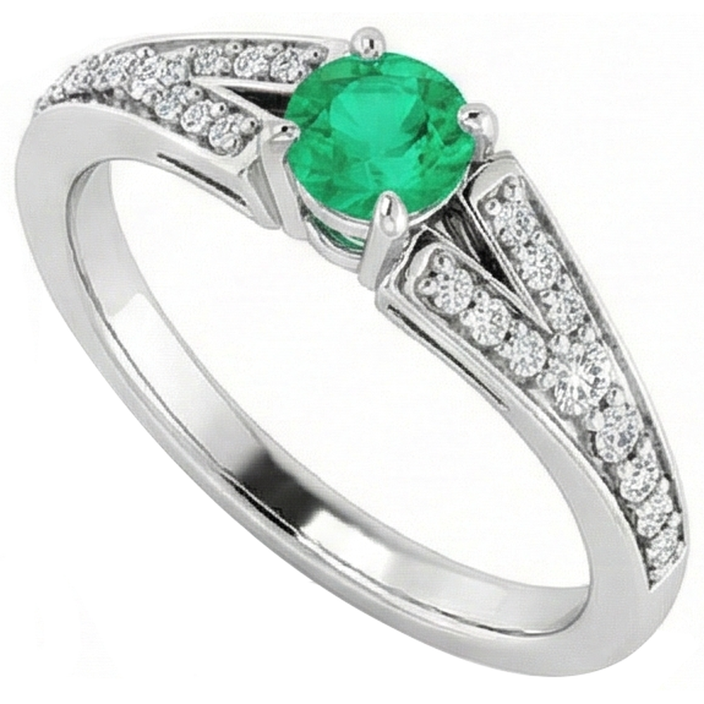 Split Shank Round Green Emerald Ring 1.75 Carats White Gold 14K