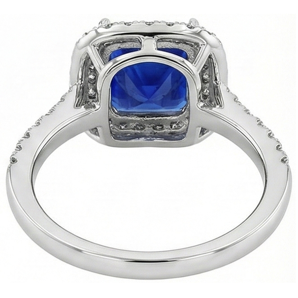 Square Cut Double Halo Sri Lankan Sapphire Ring 4.50 Carats White Gold