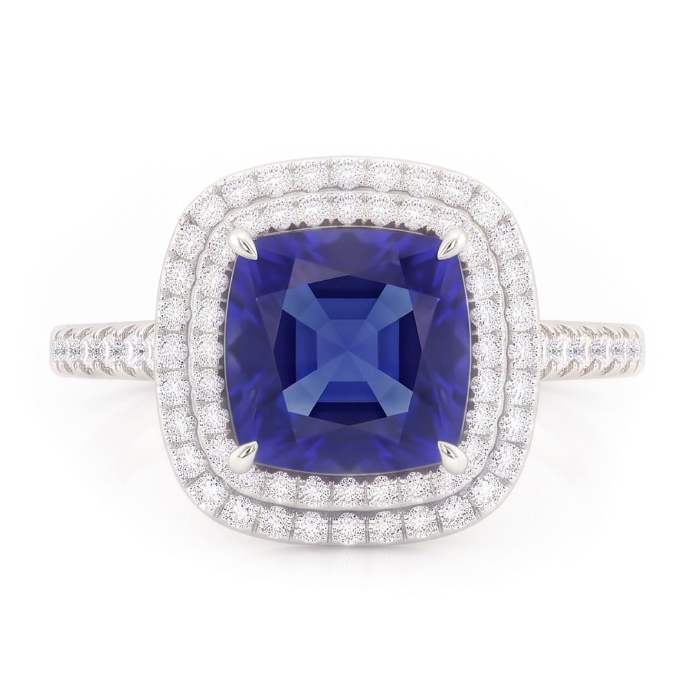 Square Cut Double Halo Sri Lankan Sapphire Ring 4.50 Carats White Gold