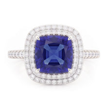 Square Cut Double Halo Sri Lankan Sapphire Ring 4.50 Carats White Gold