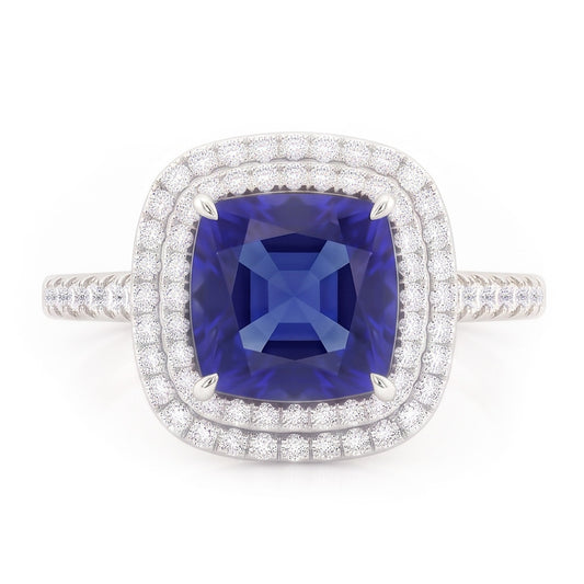Square Cut Double Halo Sri Lankan Sapphire Ring 4.50 Carats White Gold
