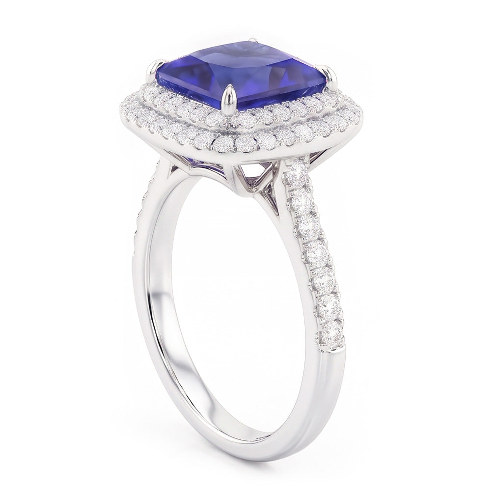 Square Cut Double Halo Sri Lankan Sapphire Ring 4.50 Carats White Gold
