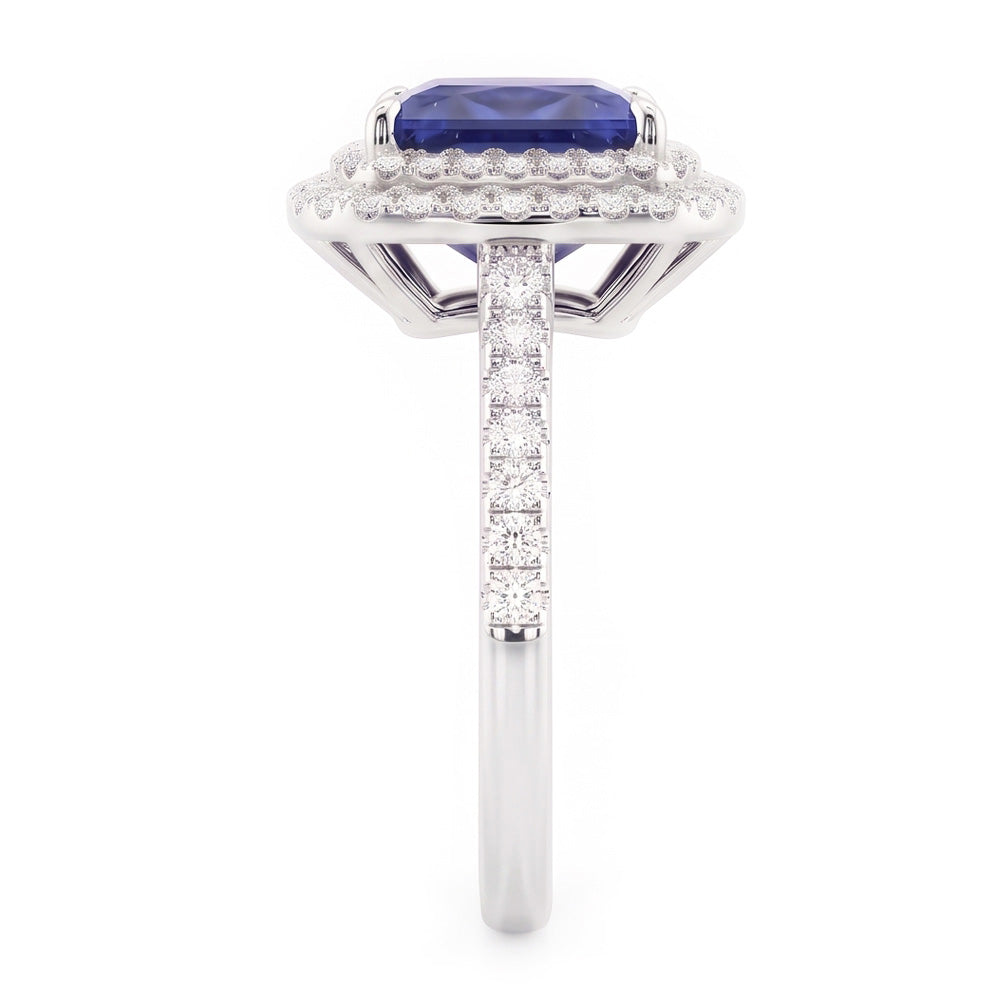 Square Cut Double Halo Sri Lankan Sapphire Ring 4.50 Carats White Gold