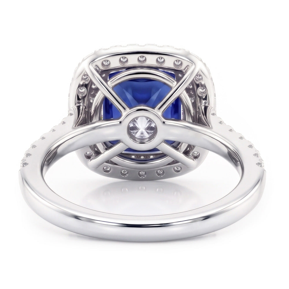 Square Cut Double Halo Sri Lankan Sapphire Ring 4.50 Carats White Gold