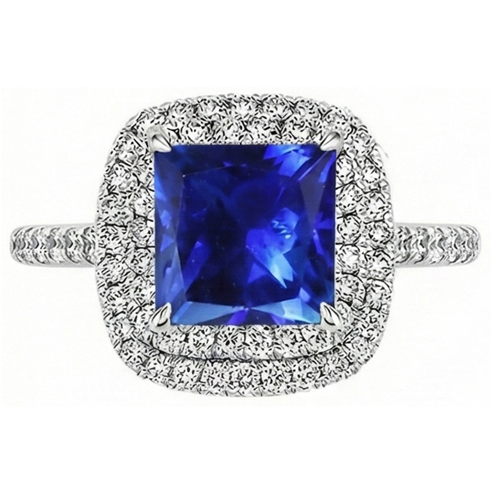 Square Cut Double Halo Sri Lankan Sapphire Ring 4.50 Carats White Gold