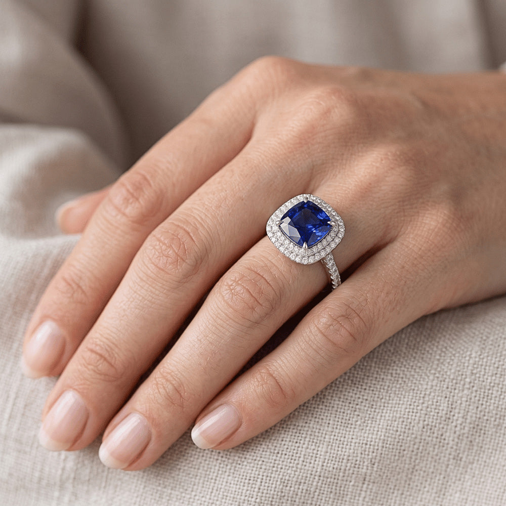 Square Cut Double Halo Sri Lankan Sapphire Ring 4.50 Carats White Gold