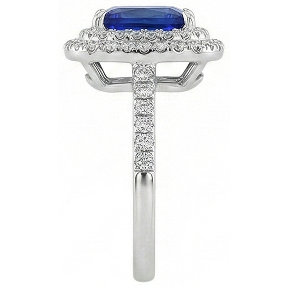 Square Cut Double Halo Sri Lankan Sapphire Ring 4.50 Carats White Gold