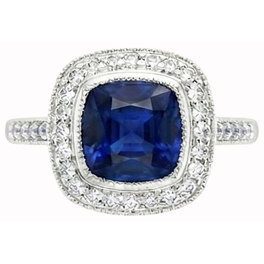 Square Sapphire Halo Natural Earth Mined Diamond Ring