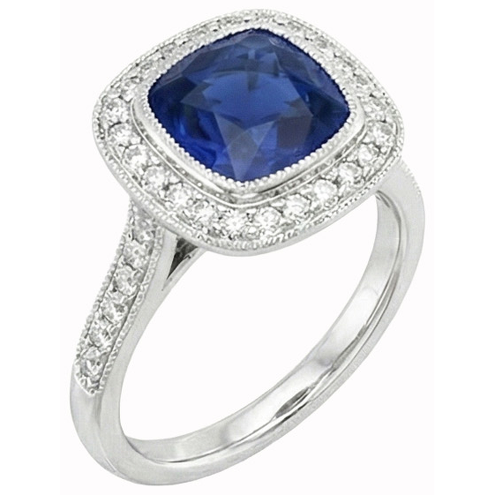 Square Sapphire Halo Natural Earth Mined Diamond Ring
