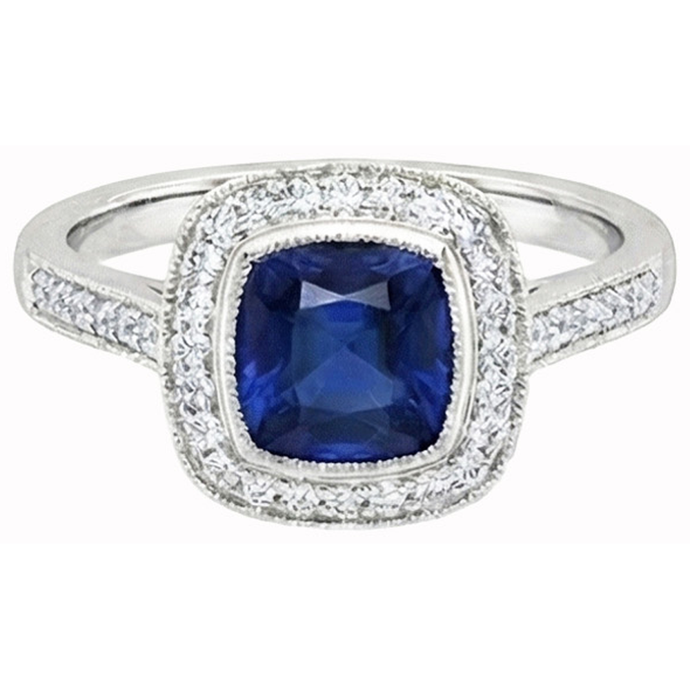 Square Sapphire Halo Natural Earth Mined Diamond Ring