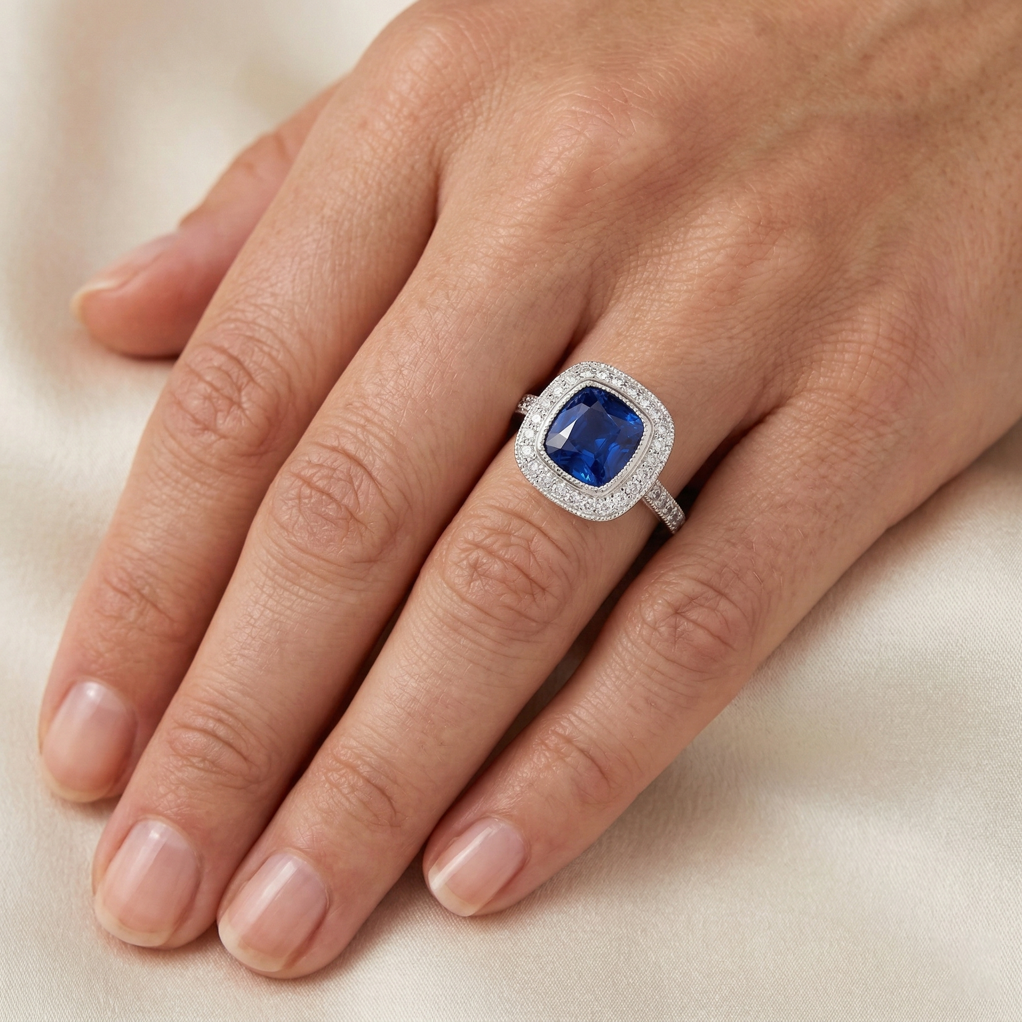 Square Sapphire Halo Natural Earth Mined Diamond Ring
