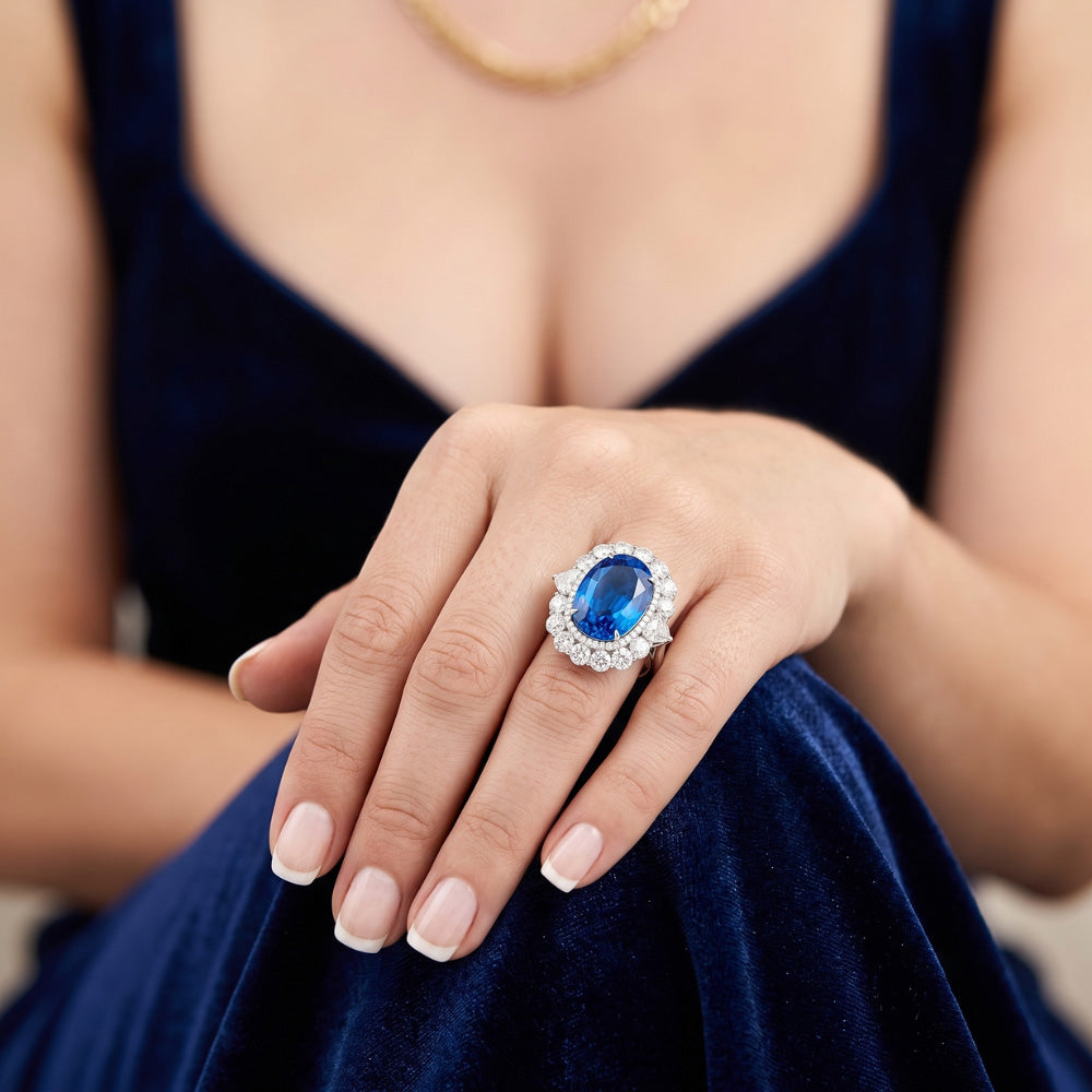 Sri Lanka Blue Sapphire Natural Earth Mined DIAMOND ( NOT LAB GROWN ) 8.25 Ct Ring Gold White 14K