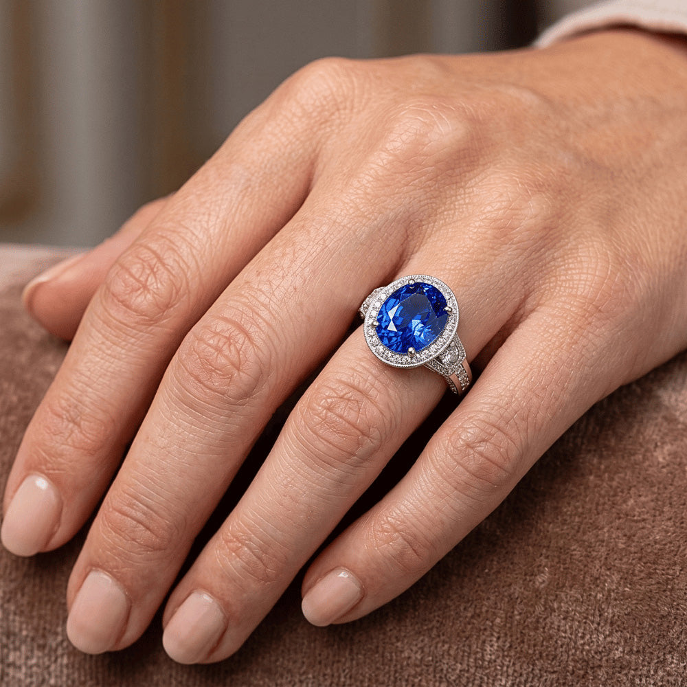 Sri Lanka Blue Sapphire Natural Earth Mined Diamonds Ring 5.33 Carats White Gold 14K New