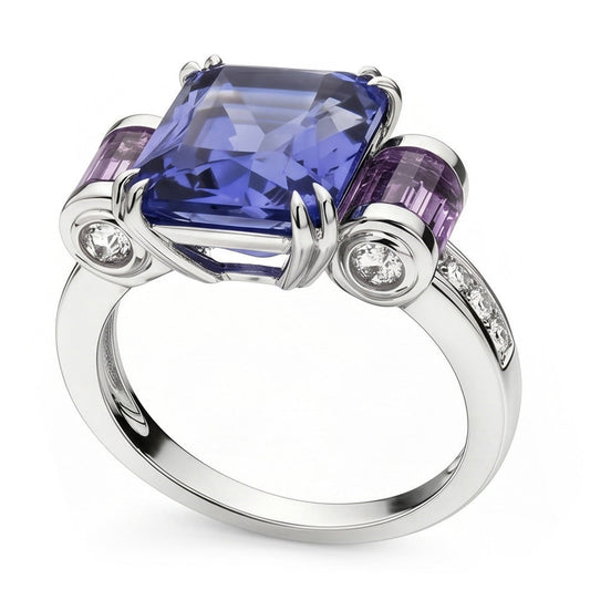 Sri Lanka Color Sapphire Amethyst And IGI CERTIFIED Diamonds 8 Carat Ring 14K Jewelry