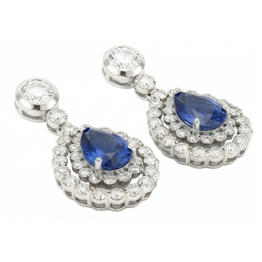 Sri Lanka Sapphire And Natural Earth Mined DIAMOND ( NOT LAB GROWN ) Dangle Earring Pear Cut 5.50 Ct