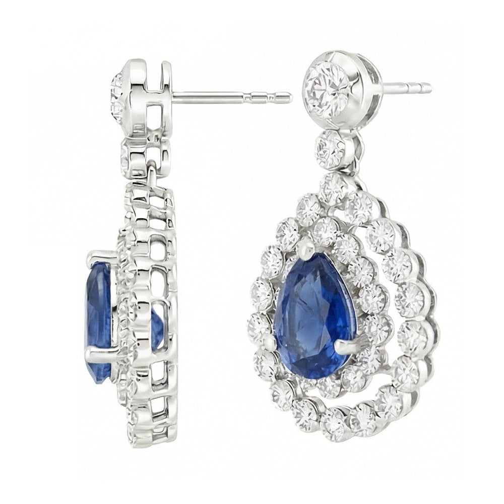 Sri Lanka Sapphire And Natural Earth Mined DIAMOND ( NOT LAB GROWN ) Dangle Earring Pear Cut 5.50 Ct