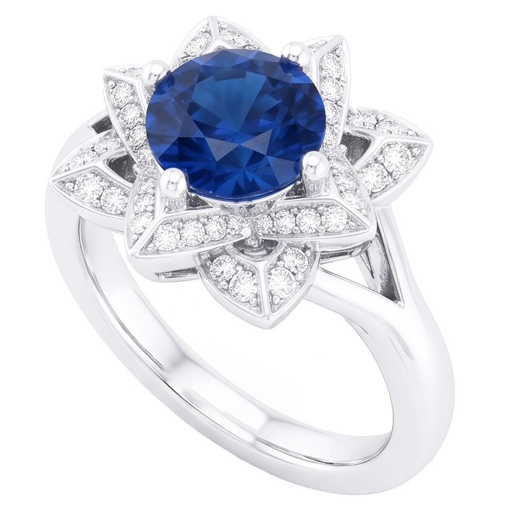 Sri Lanka Sapphire With Natural Earth Mined DIAMOND ( NOT LAB GROWN )s 3 Ct Flower Ring White Gold 14K