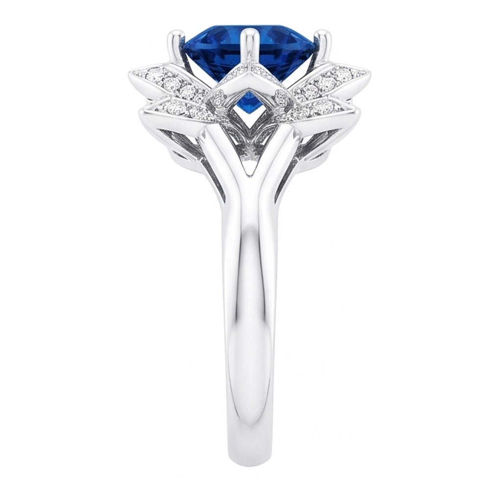 Sri Lanka Sapphire With Natural Earth Mined DIAMOND ( NOT LAB GROWN )s 3 Ct Flower Ring White Gold 14K