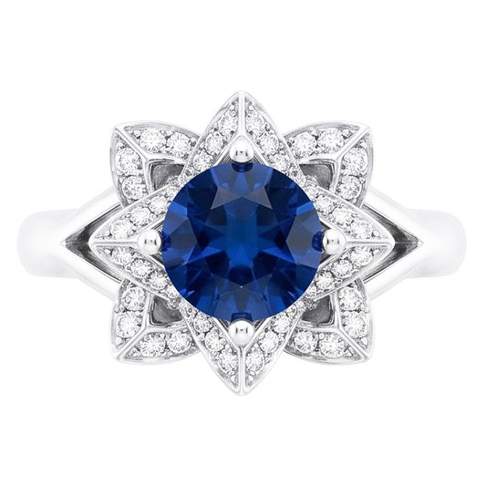 Sri Lanka Sapphire With Natural Earth Mined DIAMOND ( NOT LAB GROWN )s 3 Ct Flower Ring White Gold 14K