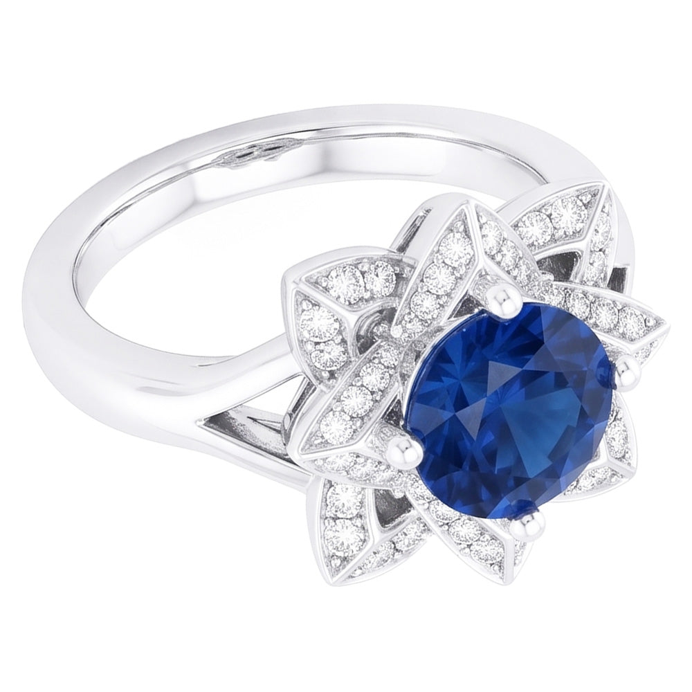Sri Lanka Sapphire With Natural Earth Mined DIAMOND ( NOT LAB GROWN )s 3 Ct Flower Ring White Gold 14K