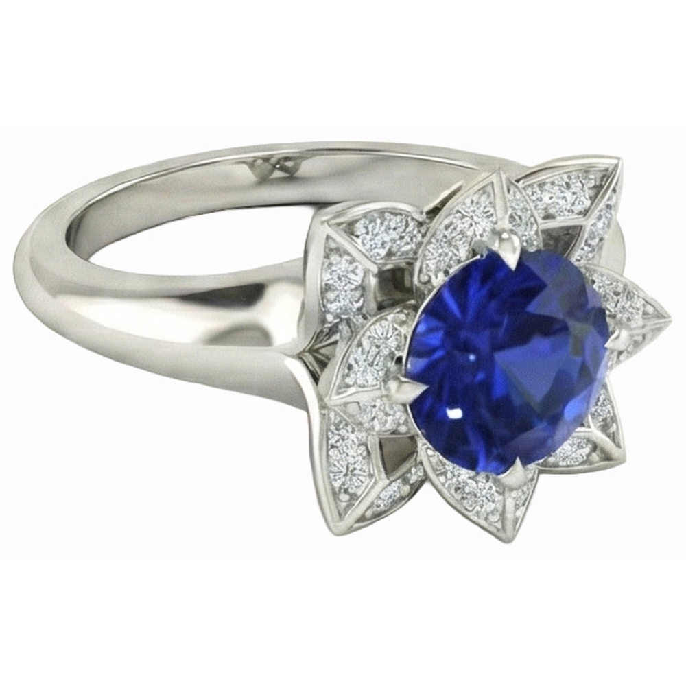 Sri Lanka Sapphire & Natural Earth Mined Diamond Wedding Ring 2.50 Carats White Gold 14K