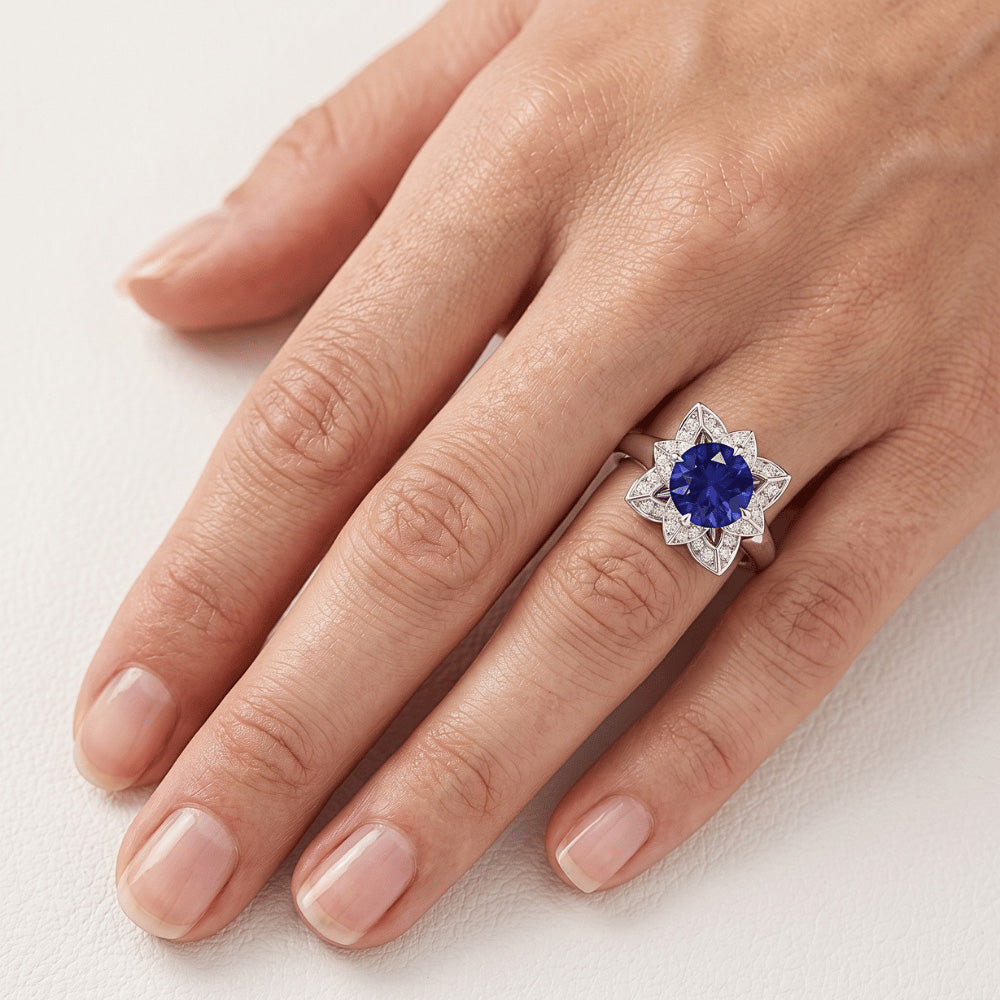 Sri Lanka Sapphire & Natural Earth Mined Diamond Wedding Ring 2.50 Carats White Gold 14K