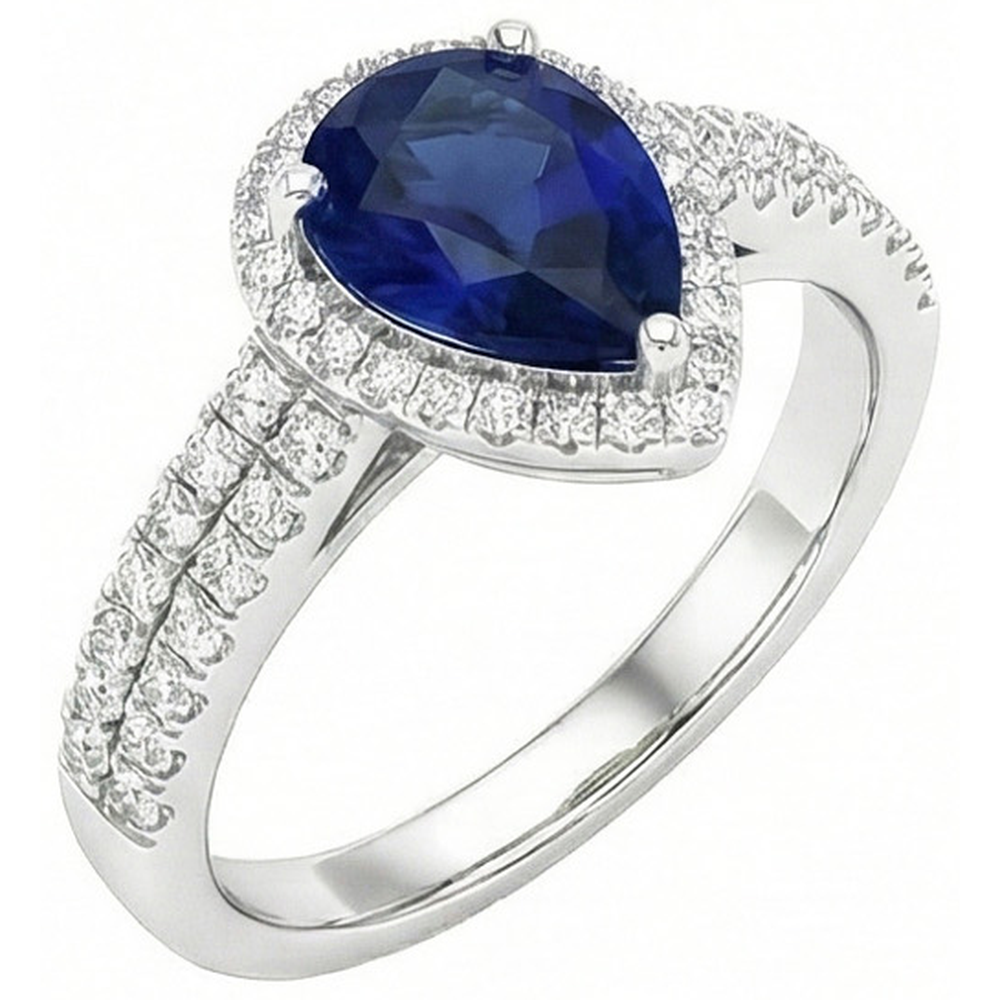 Sri Lankan Blue Sapphire Pear & Round Natural Earth Mined DIAMOND ( NOT LAB GROWN ) Ring 2.75 Carat WG 14K