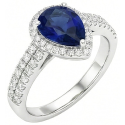 Sri Lankan Blue Sapphire Pear & Round Natural Earth Mined DIAMOND ( NOT LAB GROWN ) Ring 2.75 Carat WG 14K