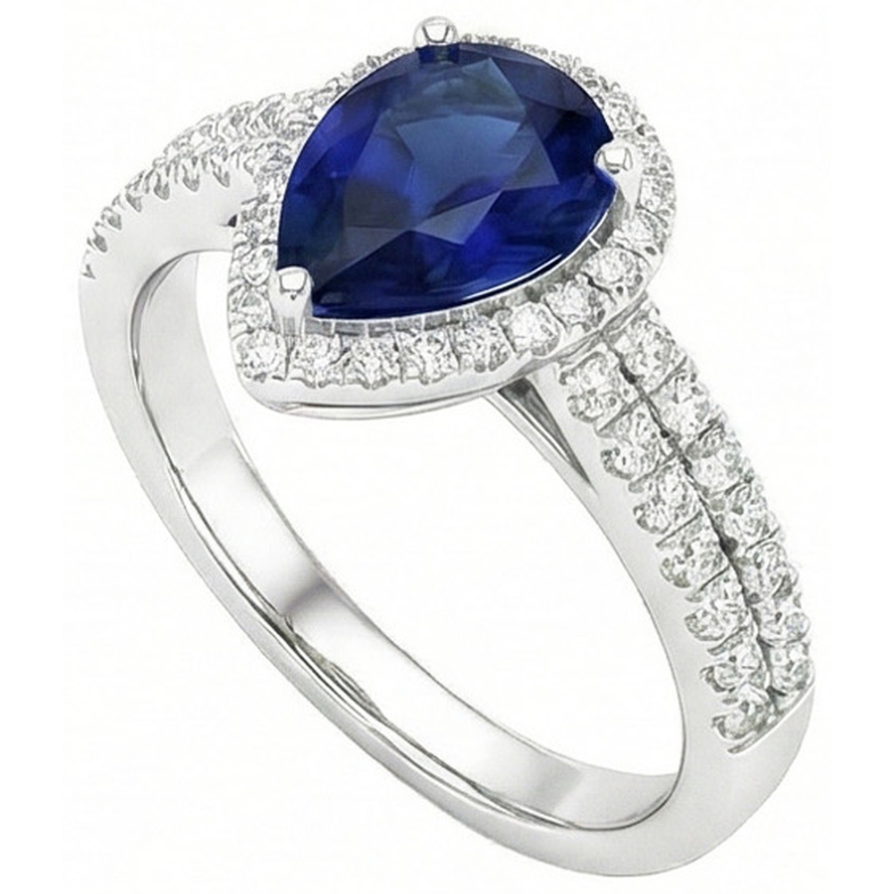 Sri Lankan Blue Sapphire Pear & Round Natural Earth Mined DIAMOND ( NOT LAB GROWN ) Ring 2.75 Carat WG 14K