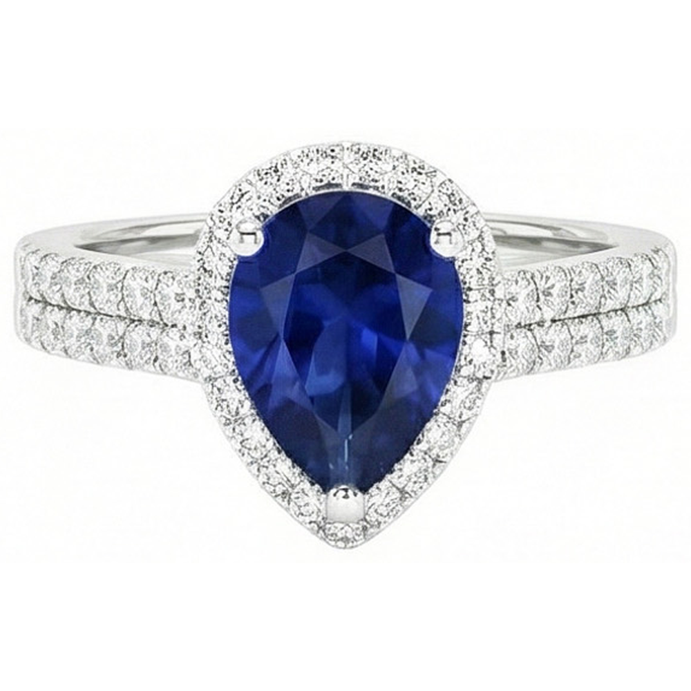Sri Lankan Blue Sapphire Pear & Round Natural Earth Mined DIAMOND ( NOT LAB GROWN ) Ring 2.75 Carat WG 14K