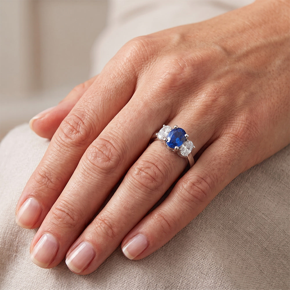 Sri Lankan Blue Sapphire & Natural Earth Mined DIAMOND ( NOT LAB GROWN ) Ring 3 Stone 2.60 Carat WG 14K