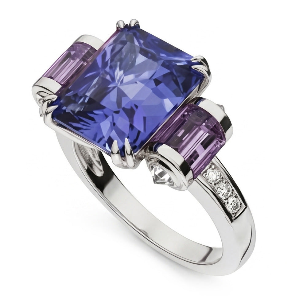 Sri Lankan Sapphire Amethyst And Natural Earth Mined Diamonds 8 Carat Ring 14K Jewellery