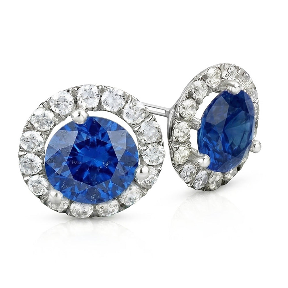 Sri Lankan Sapphire And Halo Natural Earth Mined Diamond 6.40 Ct Round Cut Stud Earring