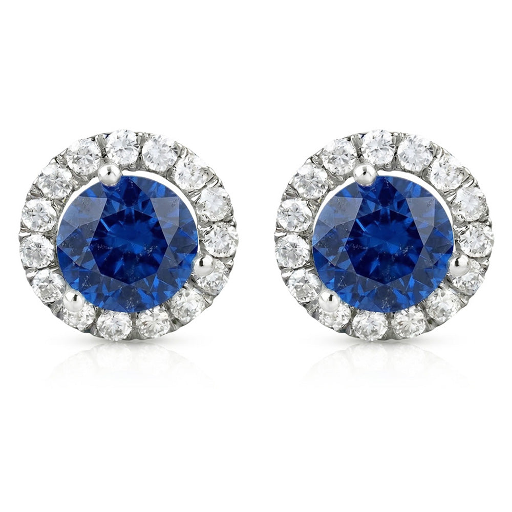 Sri Lankan Sapphire And Halo Natural Earth Mined Diamond 6.40 Ct Round Cut Stud Earring