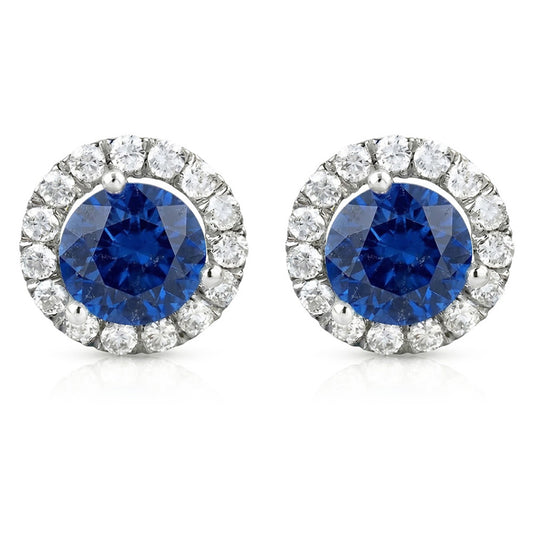 Sri Lankan Sapphire And Halo Natural Earth Mined Diamond 6.40 Ct Round Cut Stud Earring