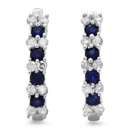 Sri Lankan Sapphire Diamond Ladies Hoop Earring White Gold 14K 6 Ct.
