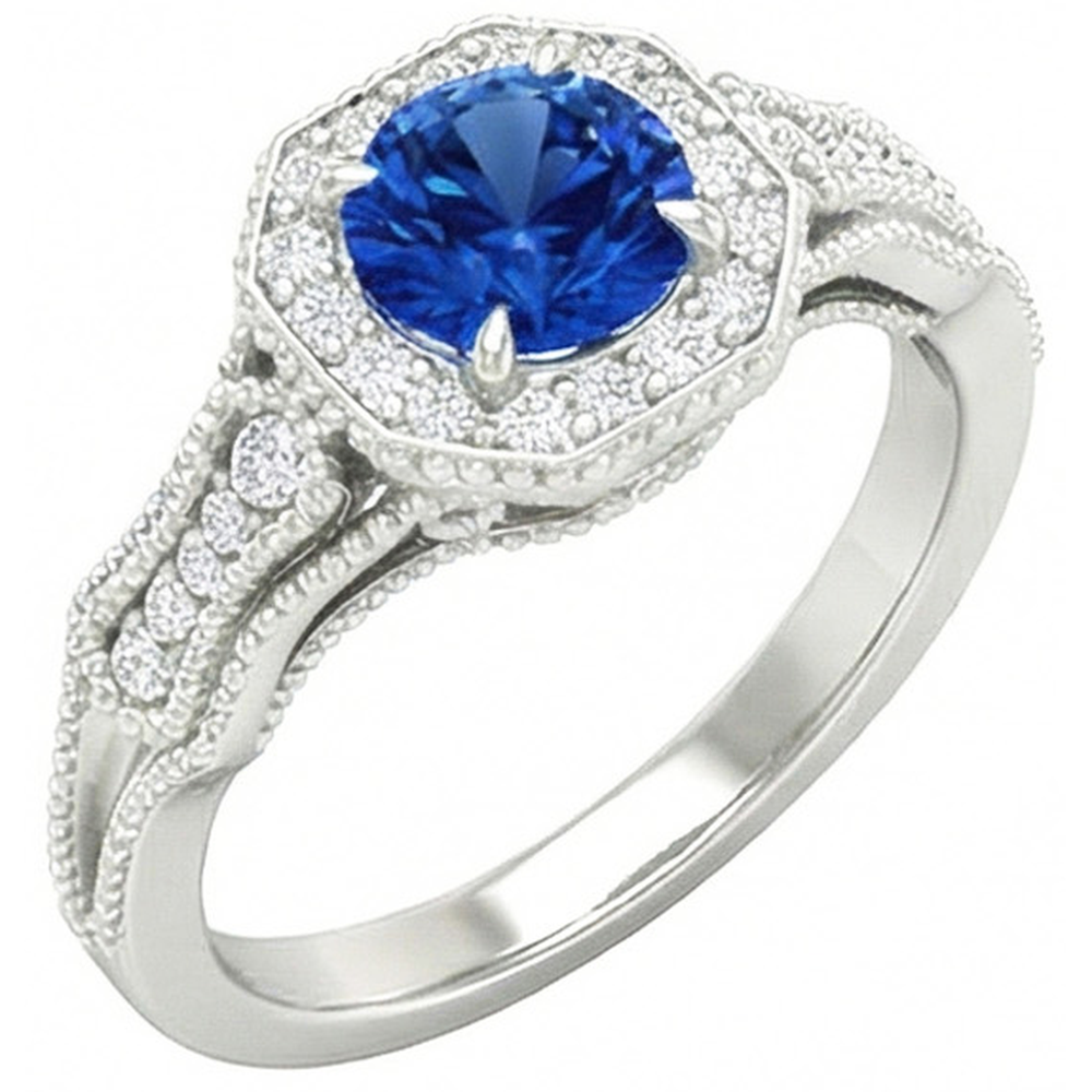 Sri Lankan Sapphire Natural Earth Mined Diamonds 2 Ct Anniversary Ring White Gold 14K New