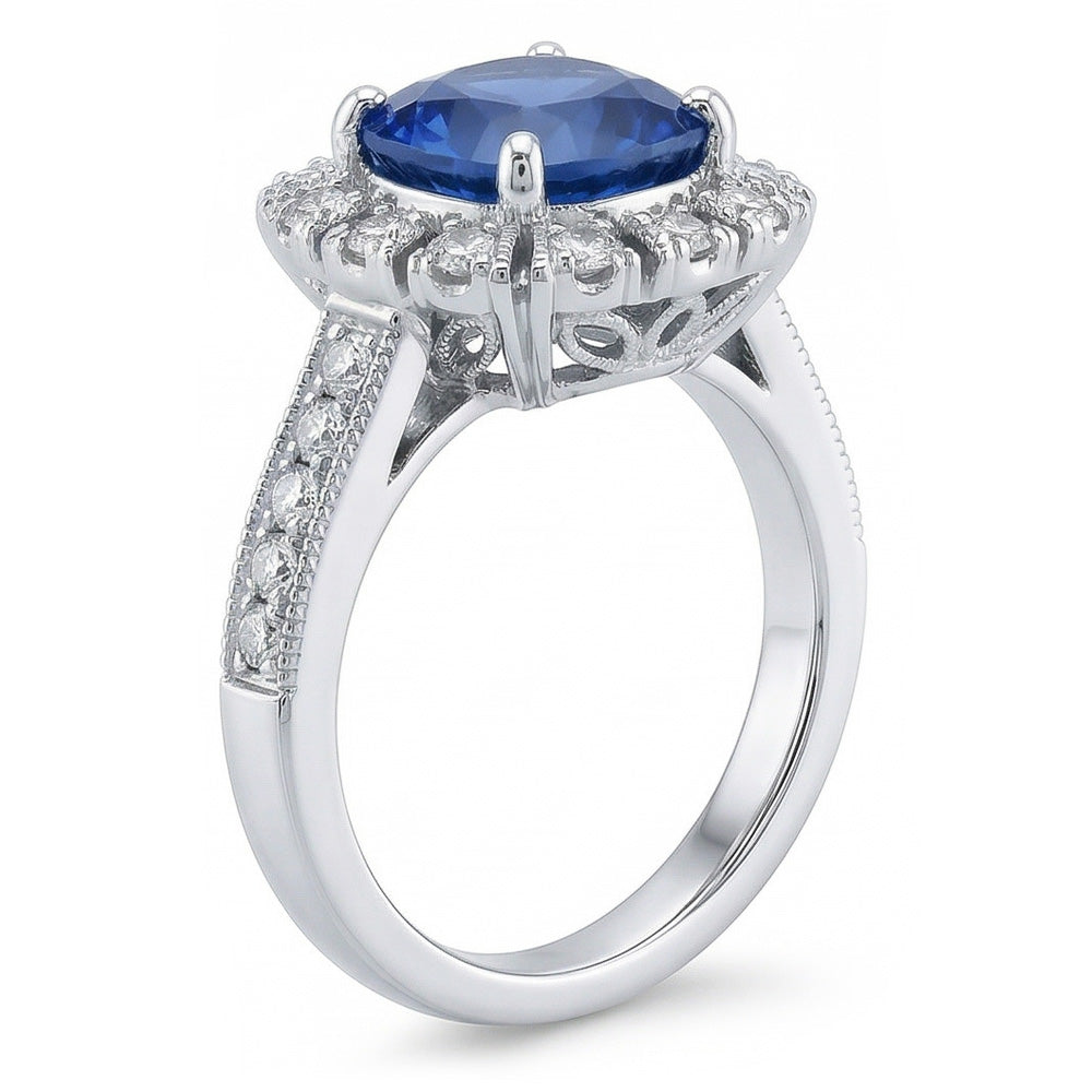 natural round sapphire 3.20ct ring close up detail