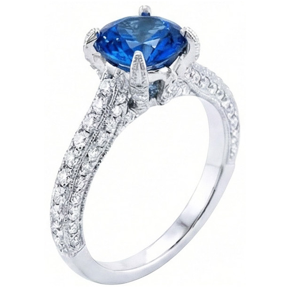 Sri Lankan Sapphire With Natural Earth Mined DIAMOND ( NOT LAB GROWN )s Round Cut Ring 4.50 Ct