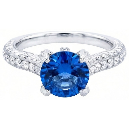 Sri Lankan Sapphire With Natural Earth Mined DIAMOND ( NOT LAB GROWN )s Round Cut Ring 4.50 Ct