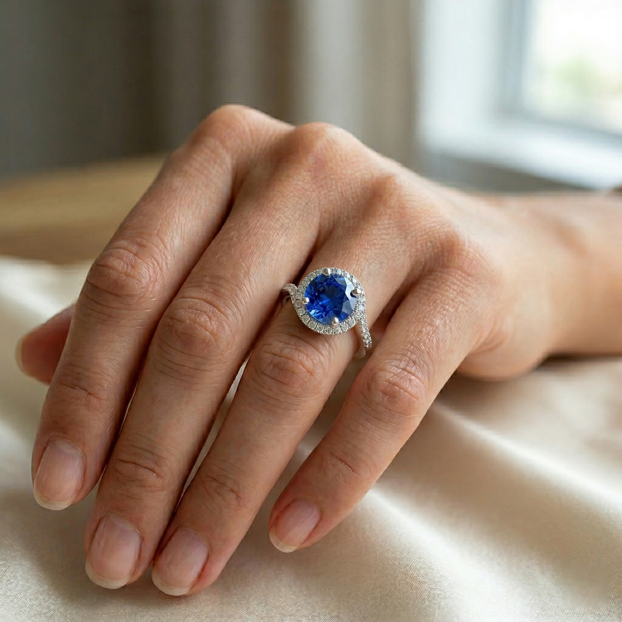 Sri Lankan Sapphire And Natural Earth Mined DIAMOND ( NOT LAB GROWN ) Stackable Ring 2.50 Ct. White Gold 14K