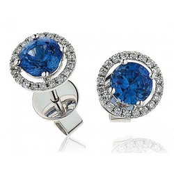 Sri Lankan Sapphire Halo Diamond Stud Earring White Gold 14K