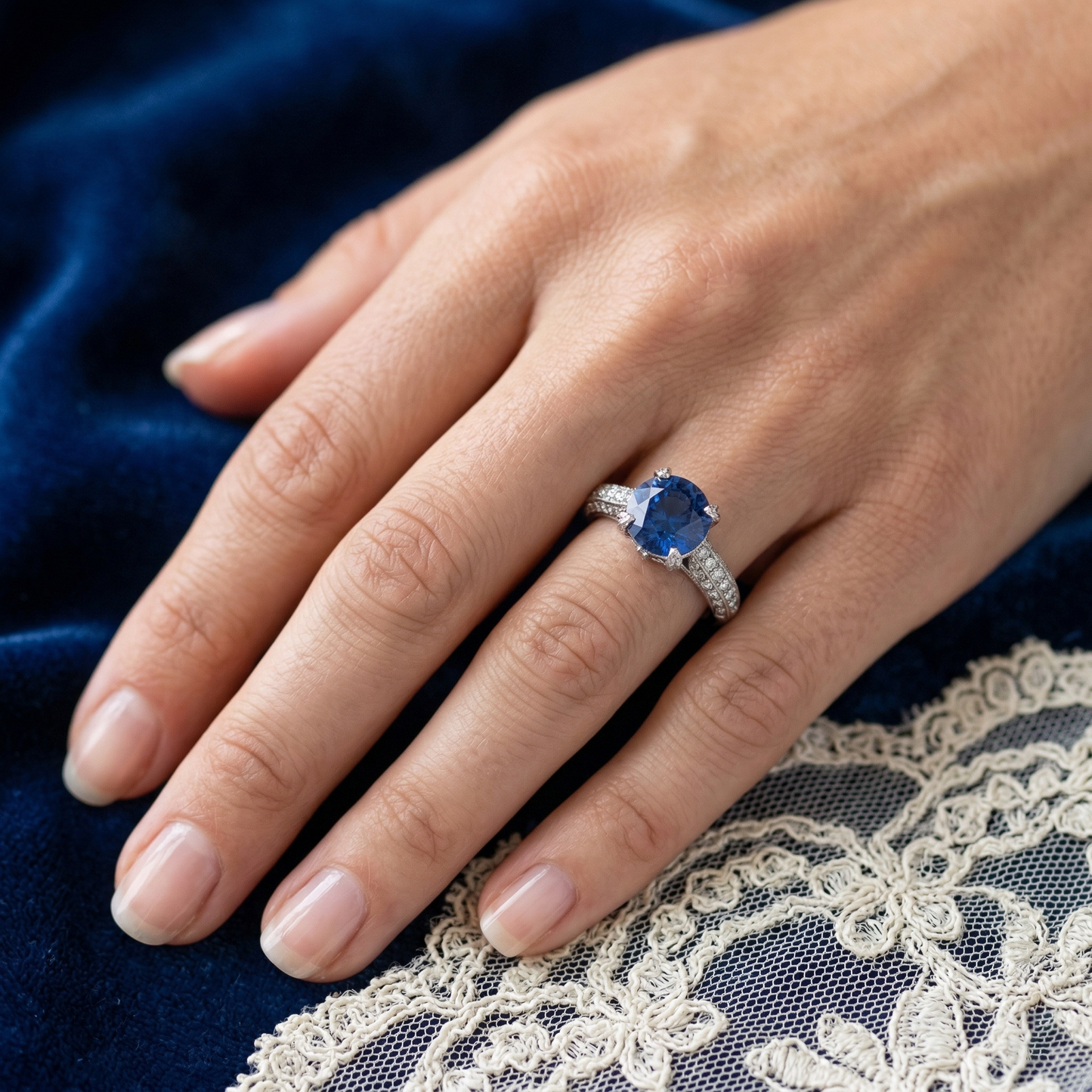 Sri Lankan Sapphire With Natural Earth Mined DIAMOND ( NOT LAB GROWN )s Round Cut Ring 4.50 Ct